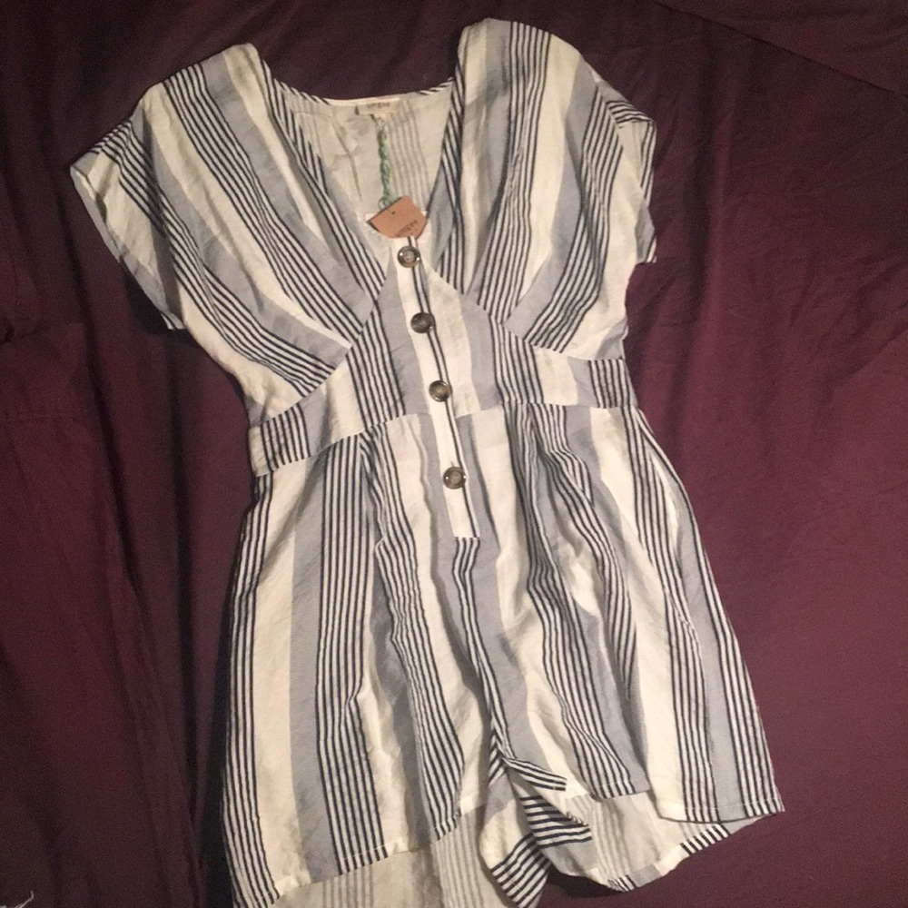 White and blue striped romper